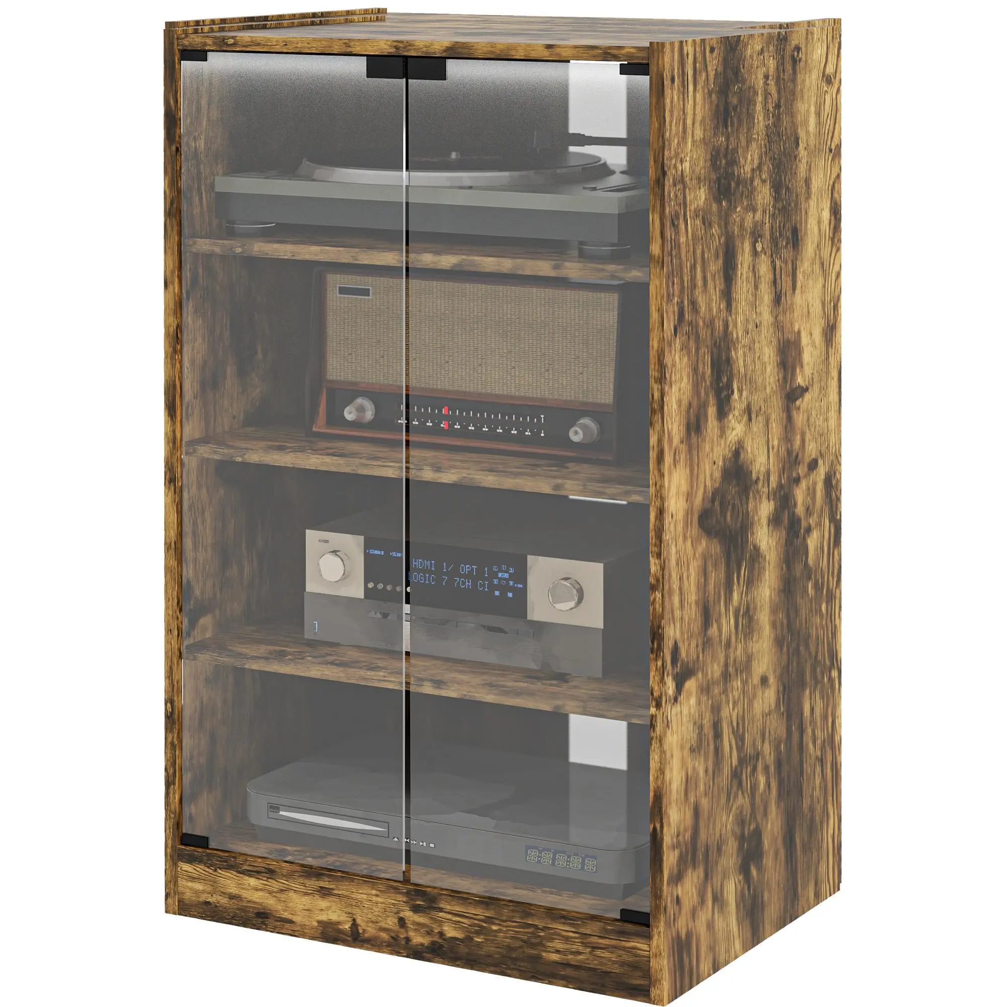 5-Tier Media Cabinet with Adjustable Shelves Tempered Glass Doors Cable Management Rustic Brown Signal-Clear Glass Doors Customizable Media Hub Clutter-Free Cable Management Safe Sustainable Build Compact Multi-scene Storage
