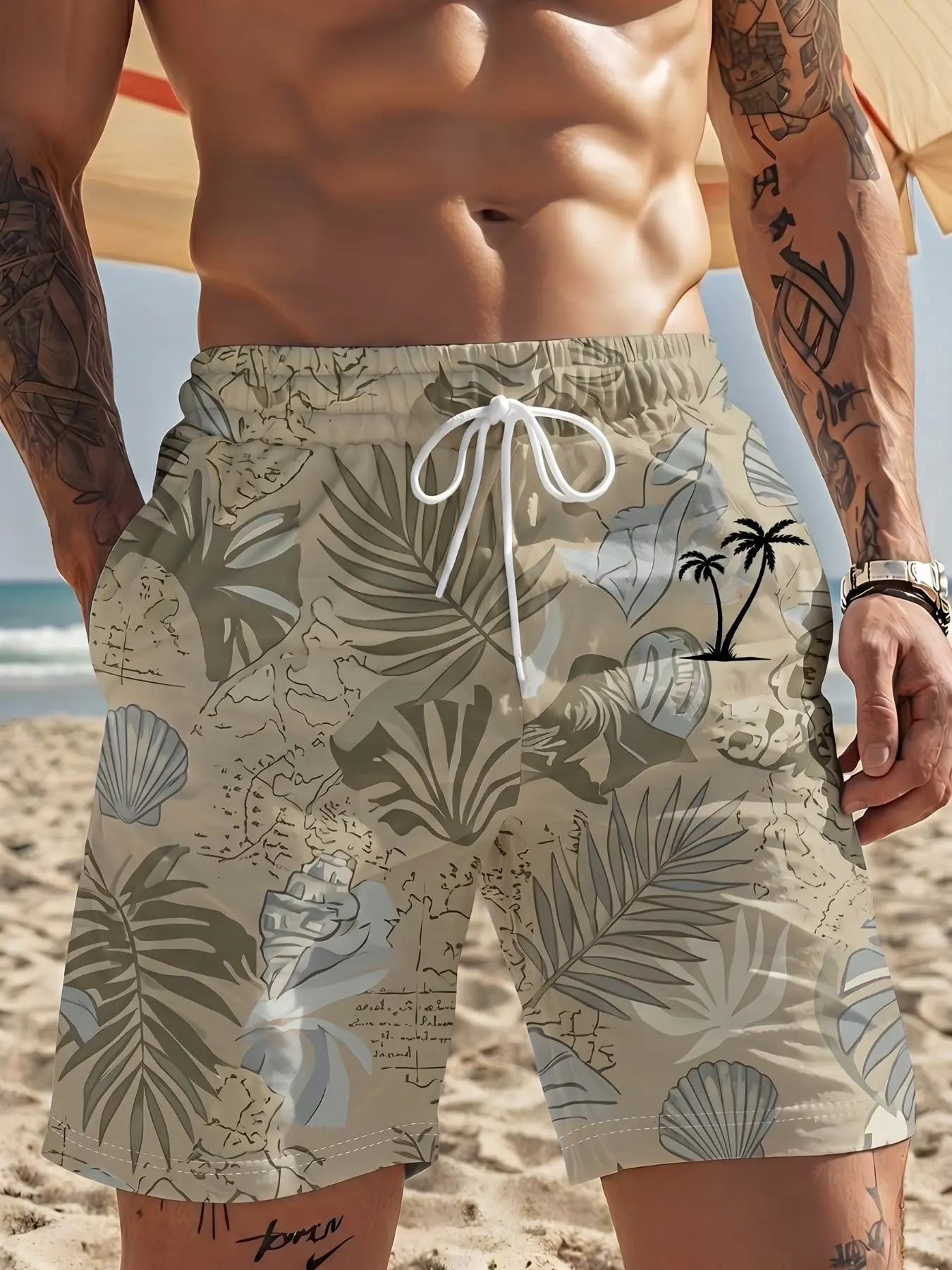 Men's Vintage Ocean Map & Shell Print Surf Shorts, Quick-Dry Polyester, Drawstring Waist, Casual Beachwear, Summer Vacation Essential