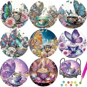 8-Piece Diamond Art Coaster Set with Stand, DIY Butterfly Pattern, Suitable for Adults and Beginners, Perfect Gift for Friends