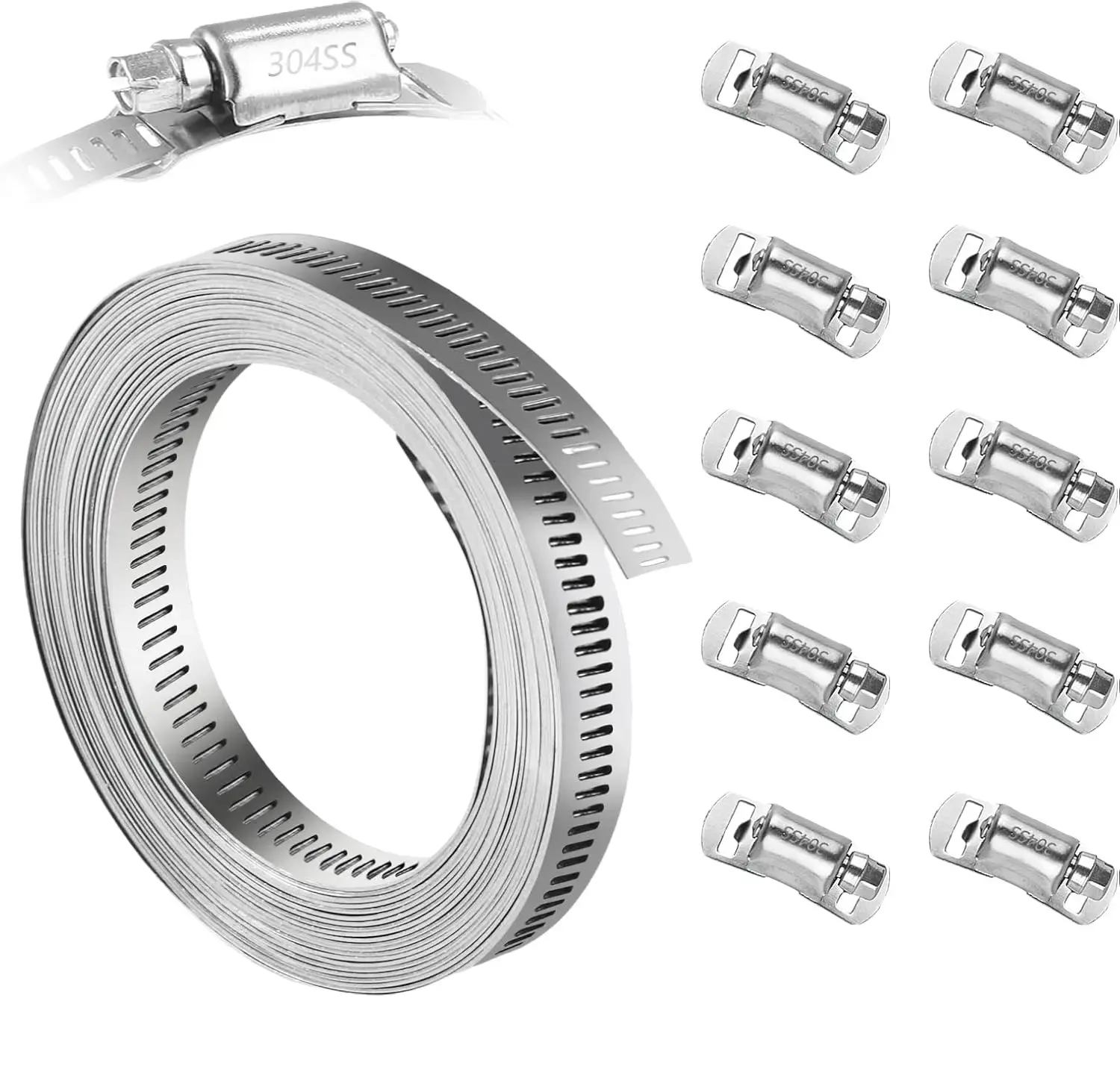 304 Stainless Steel Hose Clamp Assortment Kit DIY, Cut-To-Fit 12 FT Metal Strap+10pcs Stronger Fasteners,Large Adjustable Worm Gear Band Hose Clamps Screw Clamps Duct Pipe Metal Clamp Strapping