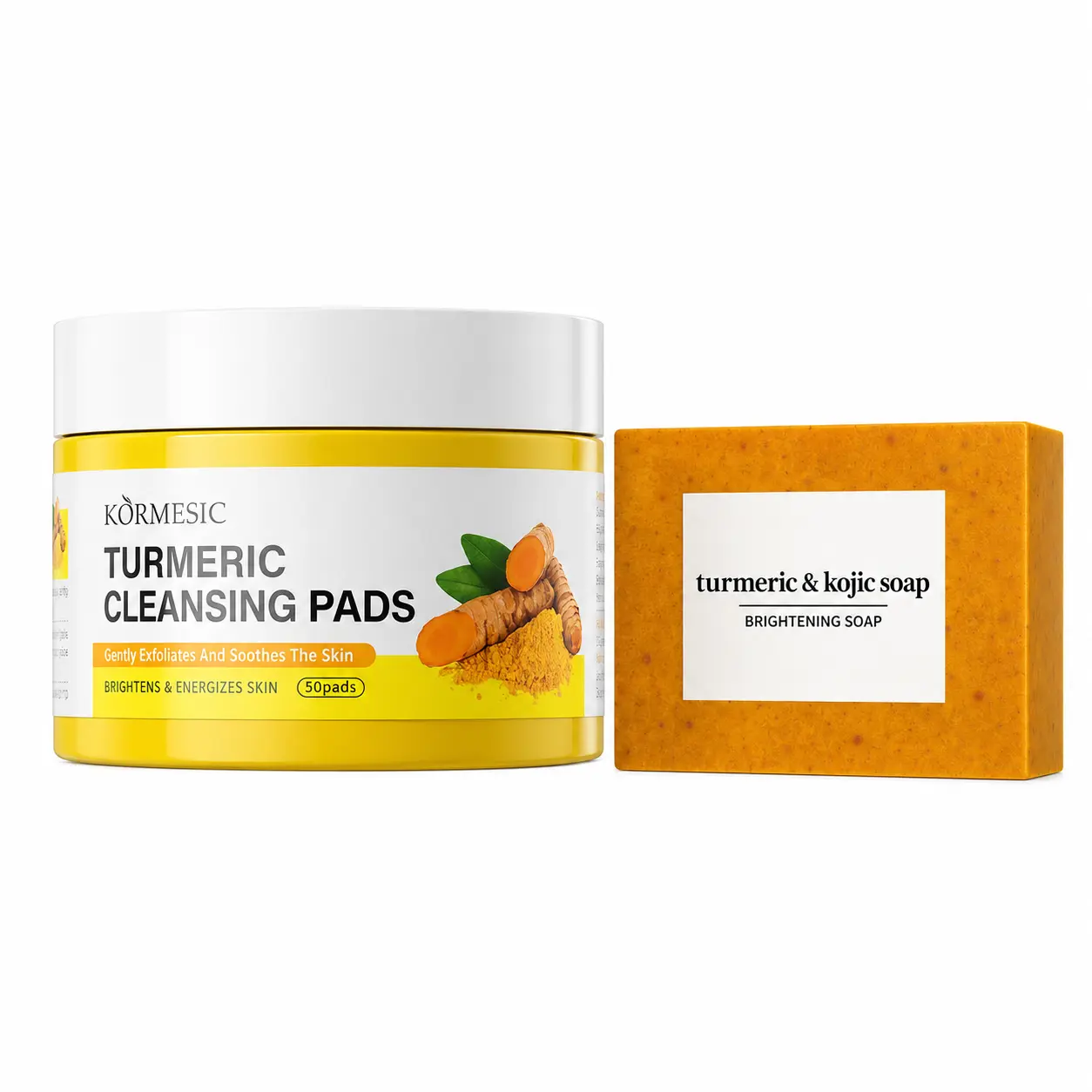 Turmeric Glow Skincare Duo, Cleansing Pads + KojicAcid Soap Bar, Gentle Face Cleansing Set with Botanical Extracts for Daily Self Care Routine
