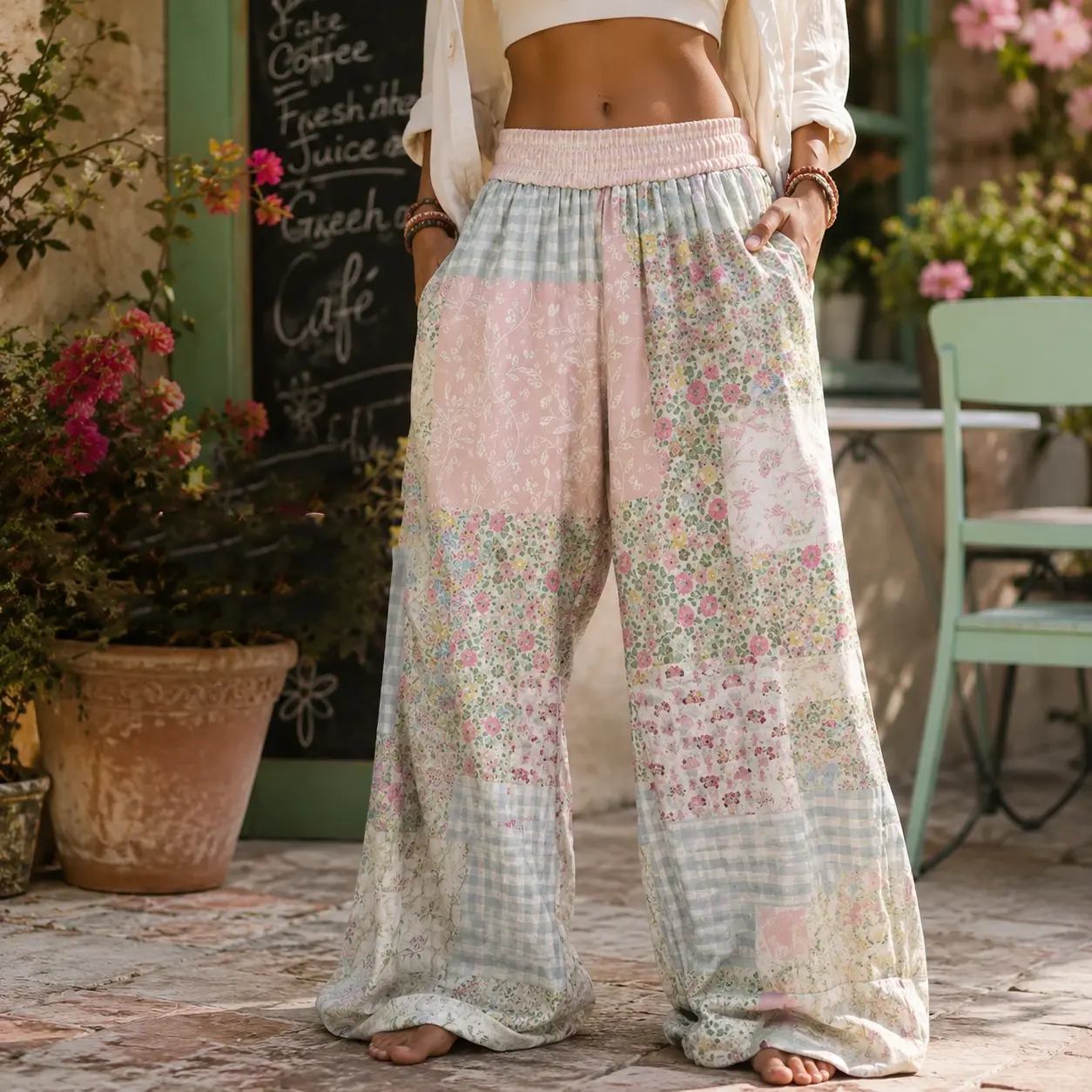 Women's Casual Bohemian Floral Print Baggy Loose Wide-Leg flowy Pants - Elastic, Comfortable, Breathable Bottoms, Ideal for Vacation & Daily Wear, Suitable for Spring, Summer, Fall, Patchwork, Oversized, Patchwork Art, Stretchable, Boho Earthy Girl Clothe