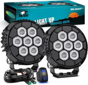 Nilight Round Pod LED Lights, 2PCS 4.1 Inch 45W 9-LED Hyperflood Beam Off-Road Work Lights with 16 AWG Rocker Switch Wiring Harness Kit for Trucks, Motorbikes (Wide Vision)