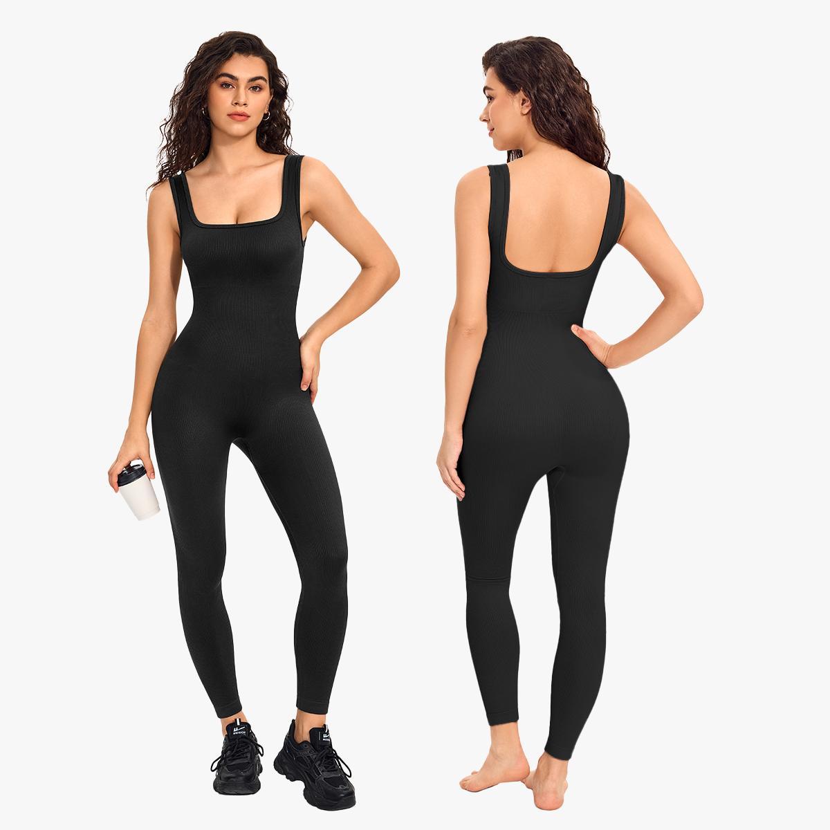 Nebility Women's Workout Seamless Yoga Ribbed Bodycon Jumpsuit Cut Out Asymmetric One Piece Leg Lengthening Tank Top Leggings Romper Stylish Activewear Stretchable All Season Solid Color Sports Jumpsuit
