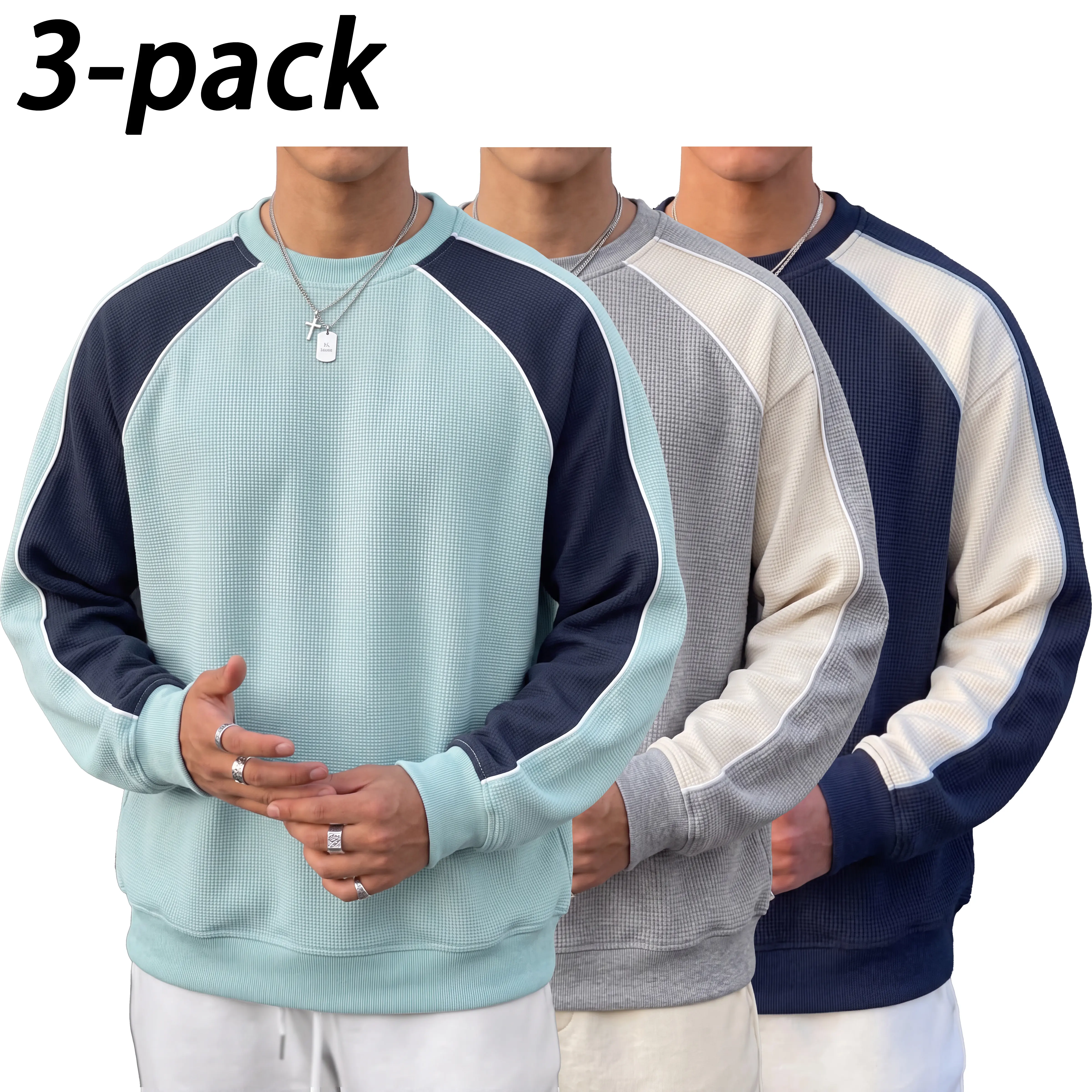 Men’s waffle-knit crewneck sweatshirt with raglan sleeves and color-block design, long-sleeved pullover top, loose fit for casual streetwear in spring and autumn.