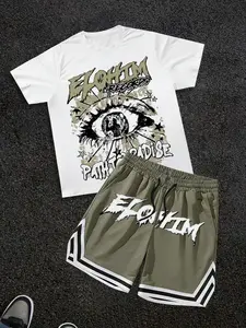 Men's 2-Piece Set Eye Pattern Print Round Neck Short Sleeve Casual T-Shirt + Waist Drawstring Gym Shorts, Summer Outdoor Wear Outfit