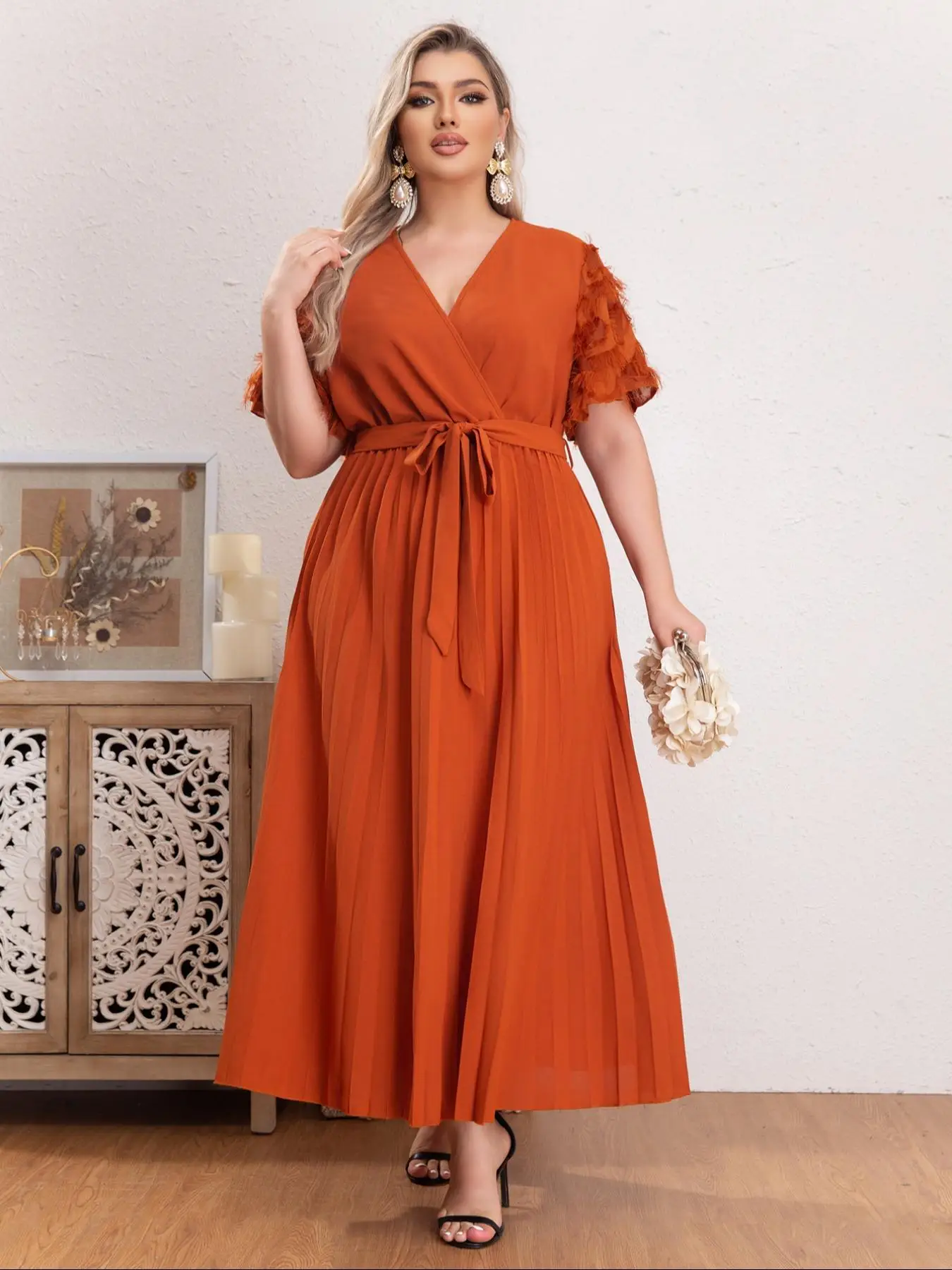 Plus Size Plain Belted Pleated Wrap Butterfly Sleeve Dress, Summer Clothes Women, Elegant Vintage V Neck Short Sleeve A Line Dress For Summer, Women's