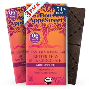 Bon Appesweet Date Sweetened Organic Chocolate Bar | Better than Milk Chocolate with Crispy Rice | 2.2 Ounce  |  Zero Added Sugar, 54% Cacao, Plant Based, Dairy Free, Limited Ingredients, and Guilt Free Snack!