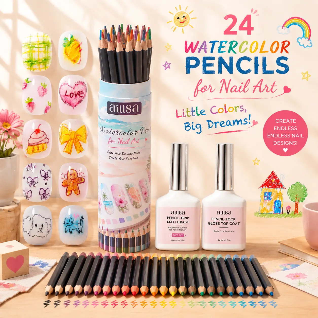 AILLSA Colored Pencil Nail Art Kit, Childhood Memories Inspired DIY Nail Painting Kit with 24 Watercolor Pencils, Pencil Matte Base & Gloss Top Coat, Create Your Own Nail Canvas DIY Nail Painting TikTokShopBackToSchool sohochic