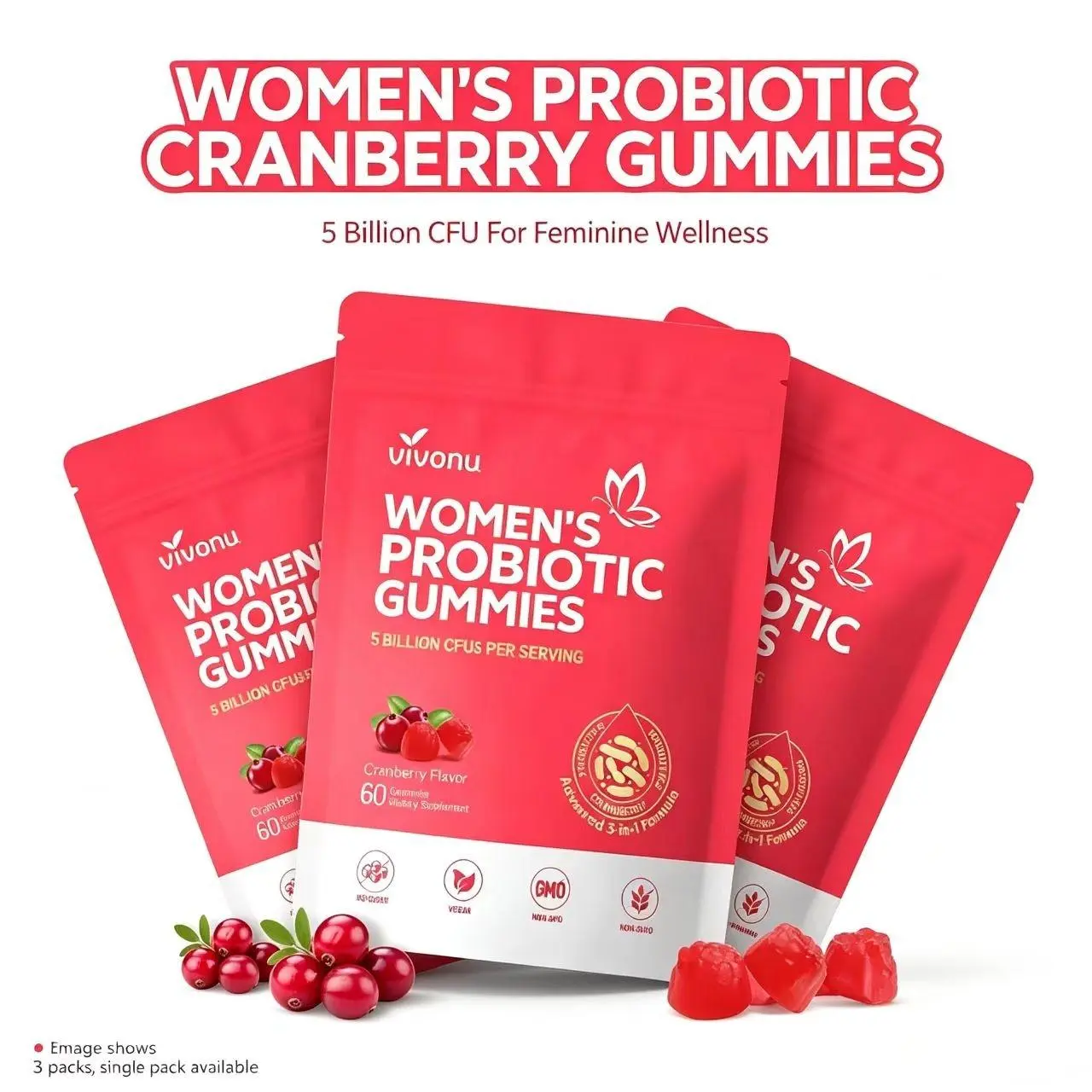 Cranberry Probiotic Gummies | Targeting Body Odor, Women's Health, and Body Balance | Vegan (60 Gummies per Pack) SummerVibes