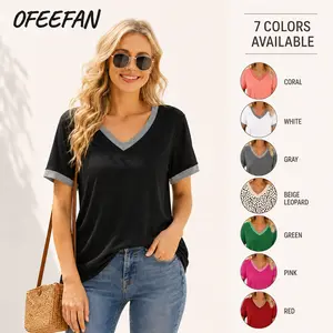 OFEEFAN Womens T Shirts Short Sleeve V Neck Loose Casual Summer Tops with Pocket Womenswear Vneck