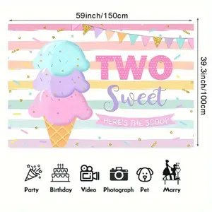 1pc 2D Flat Polyester Happy 2nd Birthday Party Backdrop Banner - "Two Sweet Here'S the Scoop" Ice Cream Design with Colorful Pennant Flags, Golden Confetti, and Festive Decorations, No Electricity Needed, Birthd