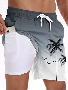 Gray-Gradient Palm & Bird Print Men's Quick-Dry Shorts Dual Lining Compression Liner Breathable Quick-Dry Summer Vacation Wear Activewear Drawstring Shorts Tree Print Shorts