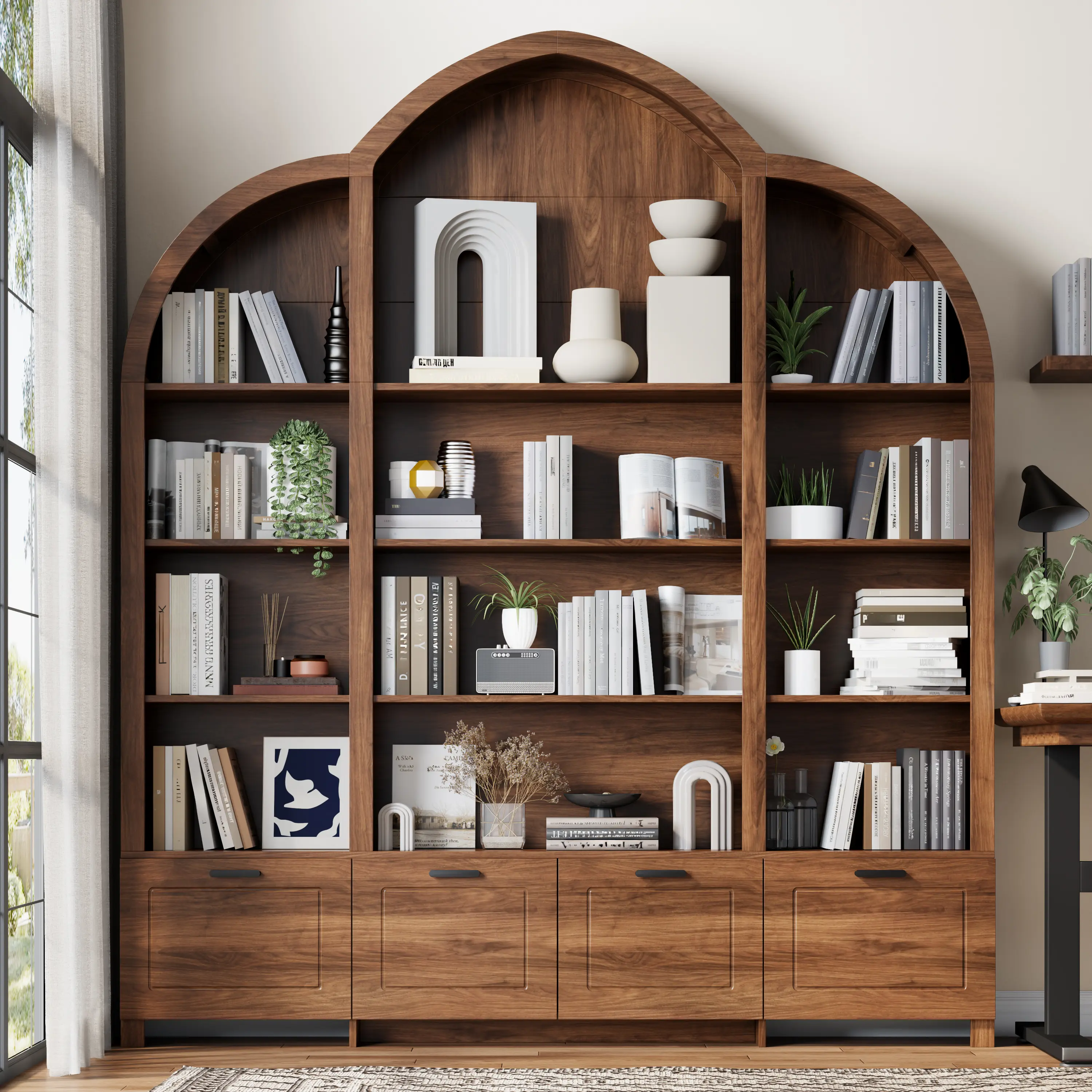 Gyfimoie 84'' Tall Arched Triple Wide Bookshelf - Large Bookcase with 15 Cubby Storage, Curved Top, Flip-Down Cabinets, Brown Antique Bookshelf for Living Room, 5 Tier Wood Book Shelves for Home Office, Study
