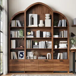 84'' Tall Arched Triple Wide Bookshelf - Large Bookcase with 15 Cubby Storage, Curved Top, Flip-Down Cabinets, Brown Antique Bookshelf for Living Room, 5 Tier Wood Book Shelves for Home Office, Study