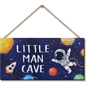 Little Man Cave Sign Space Boys Room Decor, Astronaut Theme Bedroom Nursery Decor Hanging Wall Art, Wooden Plaque Outer Space Decorations for Toddler Boys Room Kids Playroom