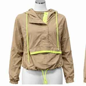 Khaki Cropped Windbreaker Jacket with Neon Drawstring