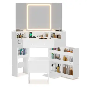 Sikaic Corner Makeup Vanity with Tri-Fold Mirror and Cushioned Storage Stool White Modern Vanity Desk with Mirror, Lights, Charging Station, Drawers and Shelves