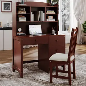 (High end and high-quality Computer desk)40'' Home Executive Desk and Upholstered Chair Set with Bookshelf, Computer Desk with Four Drawers, Storage Shelf, and Chair, Ideal for Office or Study in Bedroom or Living Room, Espresso