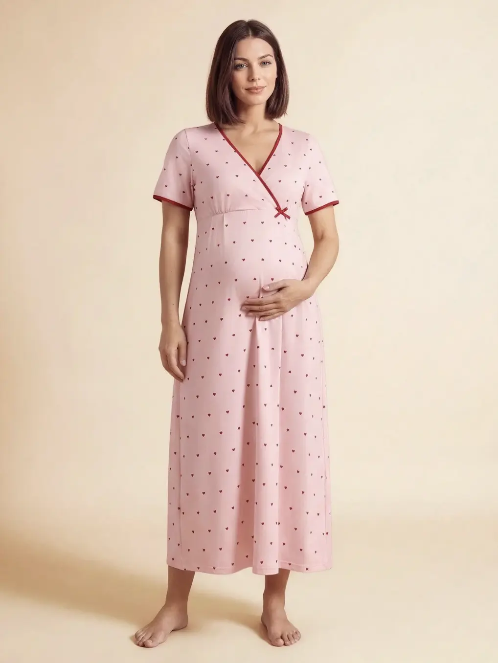 Women's Maternity & Nursing Nightgown Soft Cotton Pink Heart Print Breastfeeding Sleep Dress
