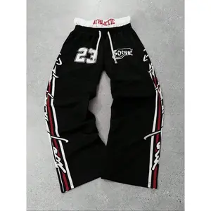 Men's Casual Two-Piece Pants with Side Stripe Print, Drawstring Waist, Letter Print Wide Leg, Perfect for School & Outdoor Sports, Drawstring Waist Athleisure