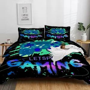 3-piece down duvet cover set with colorful game controller pattern print (1 duvet cover+2 pillowcases, no core) cartoon soft and comfortable bedding set, Playful Bedding, suitable for male bedroom decoration, made of polyester