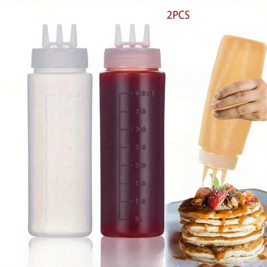 2pcs Multi-Purpose Kitchen Squeeze Bottles With 3-Hole Graduated Design - PE Material, Ideal For Sauces, Condiments & Baking - Includes White, Red And Amber Nozzles, Condiment Dispenser |   Modern Kitchenware |   Translucent Material, Soy Sauce Squeeze Bo