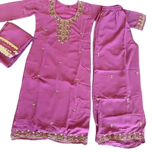 Georgette 3pcs Kurtha Pant Shawl Set in Pink with Gold Embroidery and Matching Accessories