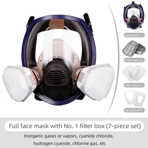 Full Face Reusable Gas Mask - Nuclear Chemistry Survival Respirator Mask with Filter, with Filter Cartridge Numbered 1 (Set of 7) - Protects against inorganic gases or vapors, cyanogen chloride, hydrogen cyanide, chlorine, etc