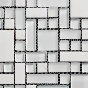 Glossy Glass and White Marble French Pattern Glass Mosaic Tile