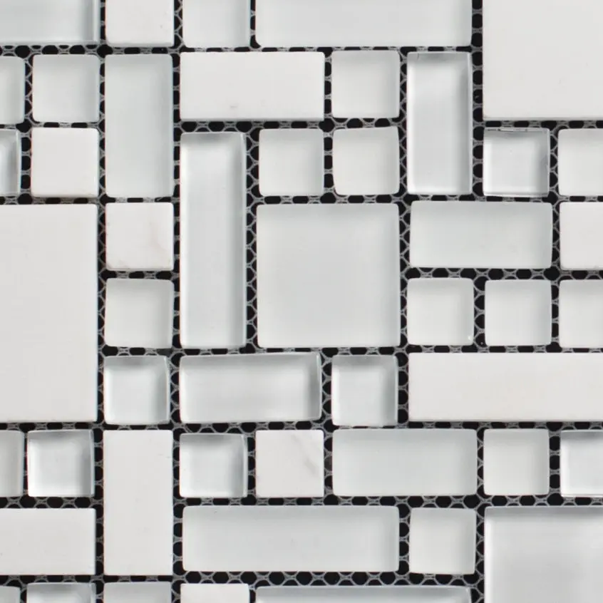 Glossy Reflective Rectangle Glass & White Marble French Pattern Mosaic Tile, French Toile 3D Wall Panels for Home Improvement Backsplash Building Supplies