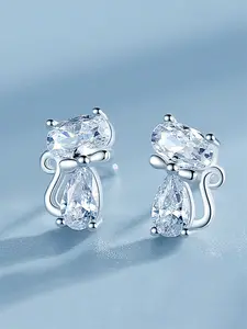 1 Pair Pretty Cubic Zirconia Cat Stud Earrings For Women For Anniversary Party Jewelry Valentine's Day Gift