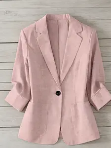 A women's plain lapel single-breasted one-button mid-sleeve double-pocket Fitted suit jacket, suitable for spring and autumn seasons suitable for office and daily wear.