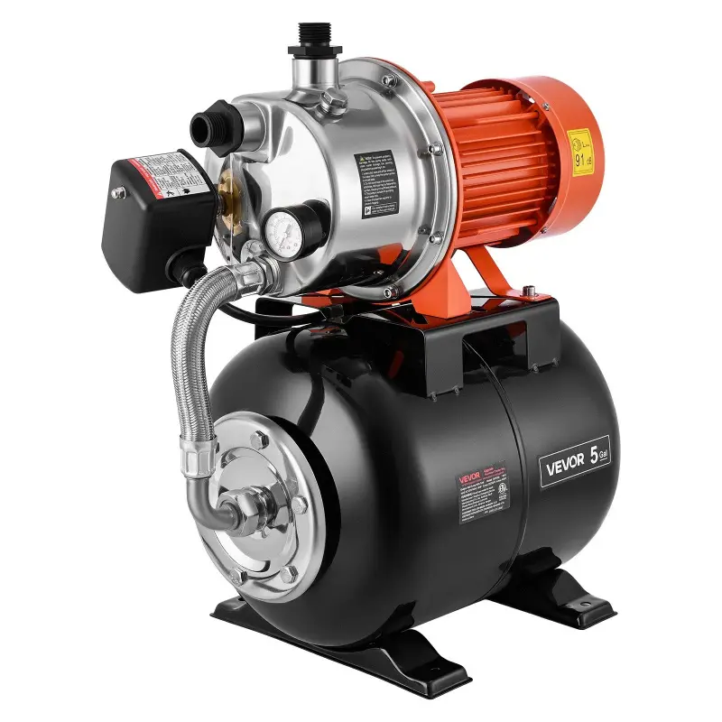 【Summerfinds】VEVOR 1.6 HP Corrosion-Resistant Stainless Steel Home Suction Pump, 120V/60Hz 1320 GPH Potable Water Jet Pump, 5-Gal NPT Thread Auto Boost Pressure Tank System for Home Garden Irrigation