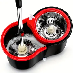 360° Spin Mop and Bucket Set with Wringer, Stainless Steel Extended Handle Spinning Mop Bucket System for Floor Cleaning with Microfiber Mop Refills