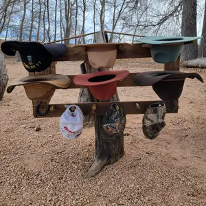 Western Cowboy Hat Rack - 6-Hat Horizontal Display with Bolo Tie Design - Handcrafted Wooden Organizer - Space-Saving Home Decor - Made in USA - Hanging Hook - 38" Wide 18" Tall 10" Deep - Customizable with Laser-Engraved Images