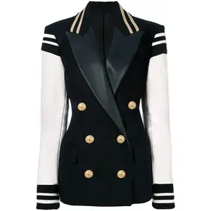 Metal Lion Button Contrast Blazer Cotton Fabric Fitted Long Sleeve Suits for Women Polyester Fiber 81-90% Picture Color