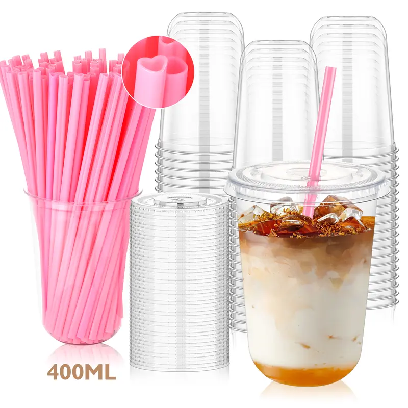 Cute Pink Heart Straw Cups | 100 Sets Party Essential | Leakproof & Spill-Resistant Design for iced coffee cups | 400ml Large Capacity | Exclusive for Valentine's Day & galentines party| Eco-Friendly & BPA-Free Material