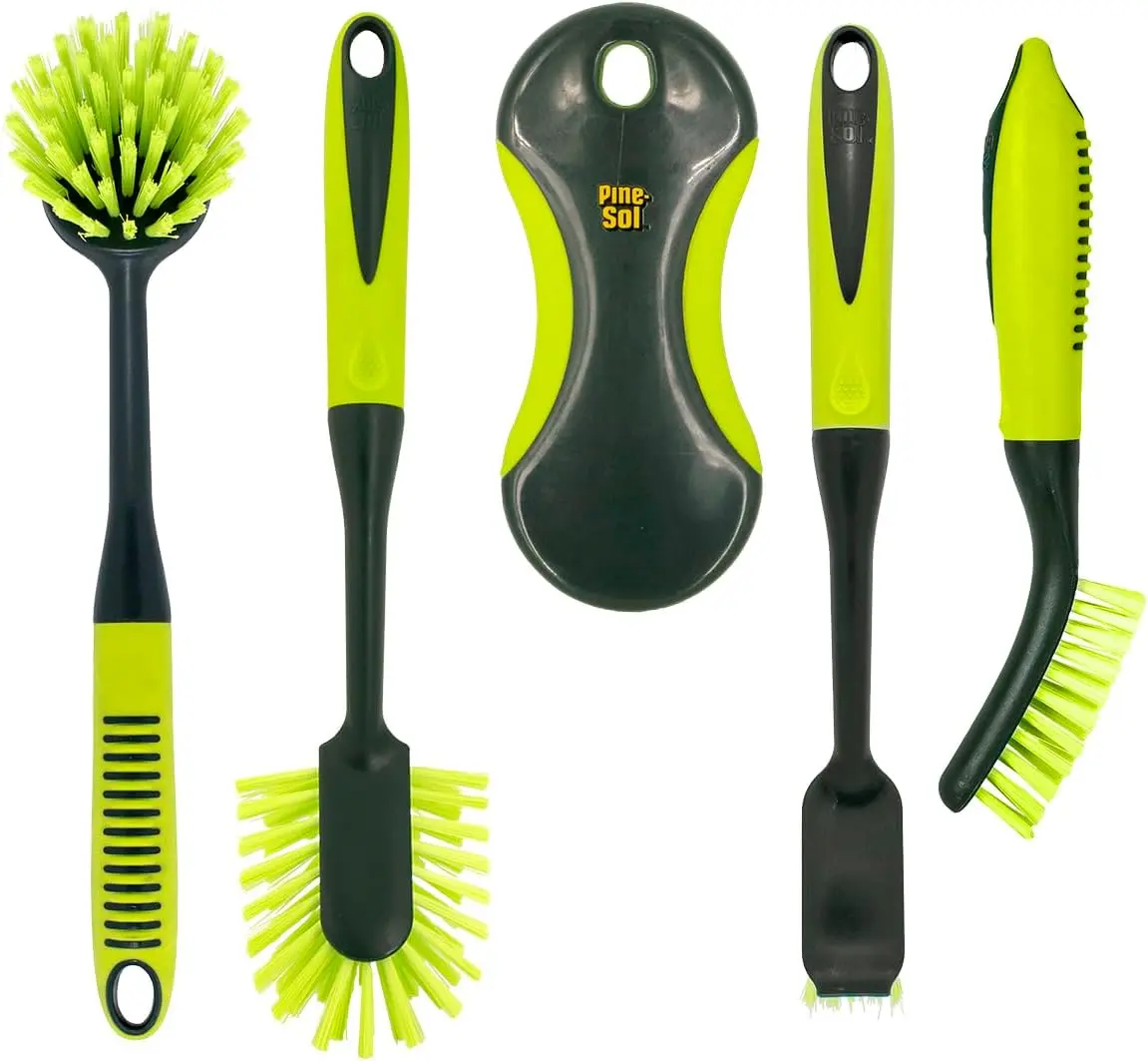 Pine-Sol 5-Piece Long Handle Scrub Brush Set - Heavy Duty Bristles, Comfort Grip - Home Care Scrubbers for Kitchen, Dishwashing