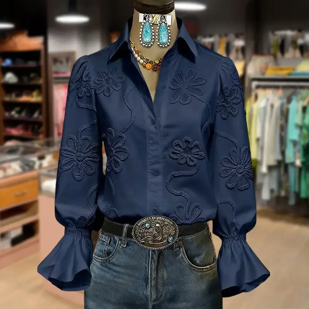 Elegant textured flower bell shaped sleeve button up shirt, elegant outdoor top, sweet and comfortable women's topRAIMENTRY Elegant textured flower bell shaped sleeve button up shirt, elegant outdoor top, sweet and comfortable women's topRAIMENTRY