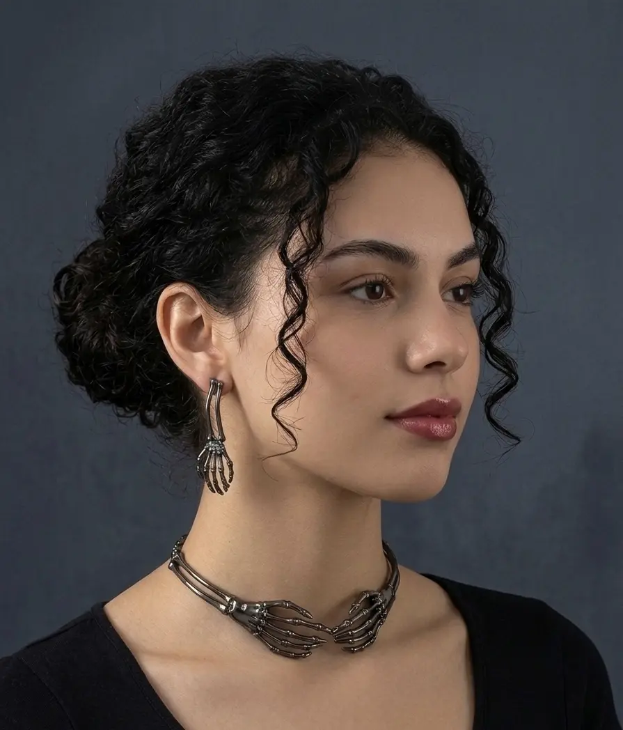 Vintage Gothic Punk Exaggerated Bone Ghost Hand Necklace Earrings Set, Retro Skeleton Hand Jewelry, Halloween Party Accessories