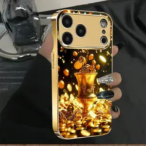 Gold Wine Glass Gold Coin Pattern Phone Case Electroplated Glass Phone Case, Suitable for iPhone 17/16/15/14/13/12/11