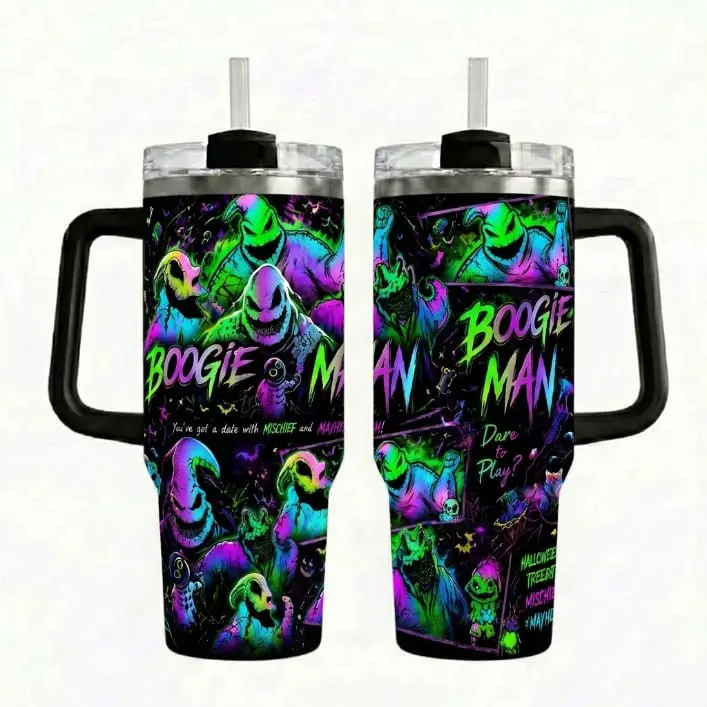 Oogie Boogie Halloween Night 40oz Tumbler, Spooky Moon Character Travel Cup, Nightmare Inspired Halloween Graphic Drinkware, Creepy Movie Fan Tumbler with Handle, Horror Lover Gift