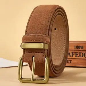 Luxury Suede Cowhide Leather Belt for Women, Vintage Style with Gold Buckle, 3.5cm Wide Waistband for Dresses & Jeans.