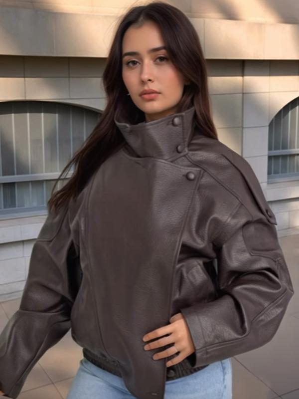 2026 Women's Black PU Leather Jacket, Oversize Asymmetrical Outerwear with Zipper, Long Sleeve Street Style Biker Jacket for Autumn