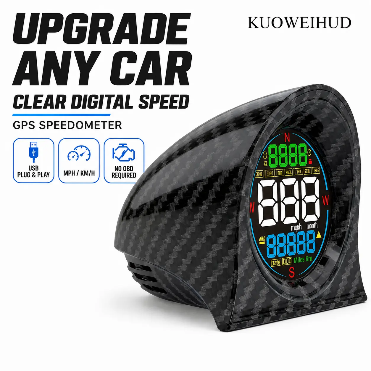 KUOWEIHUD F2 GPS Digital Speedometer for Car, Multifunctional Dashboard Display with MPH/KM/H, Odometer, Time & Date, Altitude, Overspeed Alert, Plug & Play