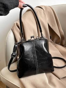 women's solid color kiss lock handbag, fashionable pu leather crossbody bag for daily used, casual trendy versatile high-quality daily commuting bag