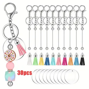 30 PCs Beaded Key Ring Strip Bulk Suit Include Silver Blank Beaded Key Ring Colorful Artificial Leather Key Ring Tassel Acrylic Blank for Jewelry Making Keychain