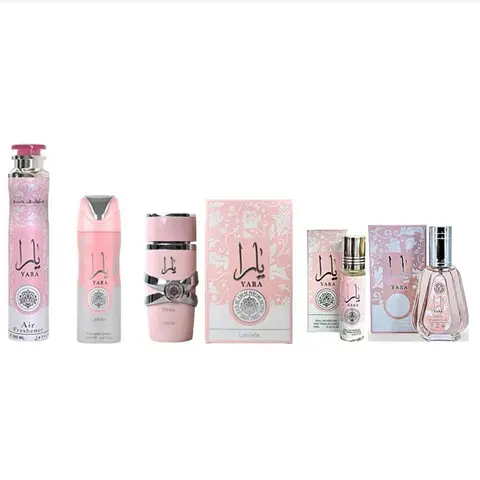 Lattafa Women's Yara Scented Aroma Value Bundle - 3.4 fl.oz Pink Vanilla Liquid Fragrance, Body Spray, Air Freshener, 50ml Perfume, Roll On | Woman's Fragrance Bundle