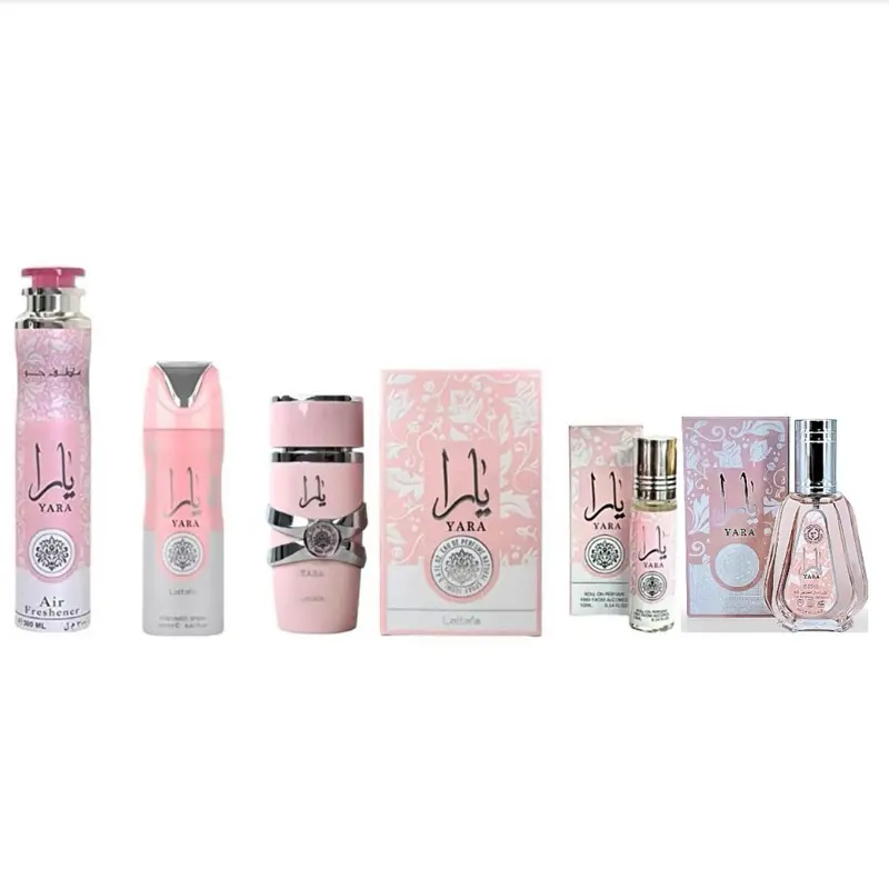 Lattafa Women's Yara Scented Aroma Value Bundle - 3.4 fl.oz Pink Vanilla Liquid Fragrance, Body Spray, Air Freshener, 50ml Perfume, Roll On | Woman's Fragrance Bundle